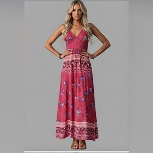 Boho Floral Print Shirred Dress Red